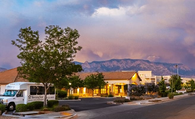 Sunset view of MorningStar at North Ridge with mountains in the background