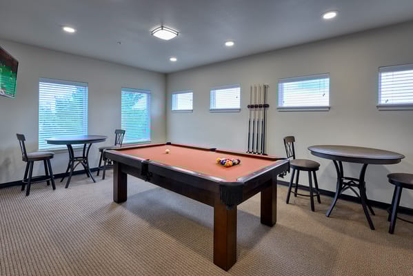 Interior view of the billiards room with a pool table and seating.