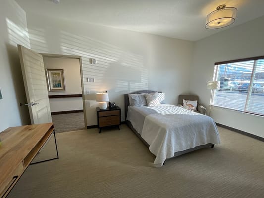 A cozy private room in an assisted living facility