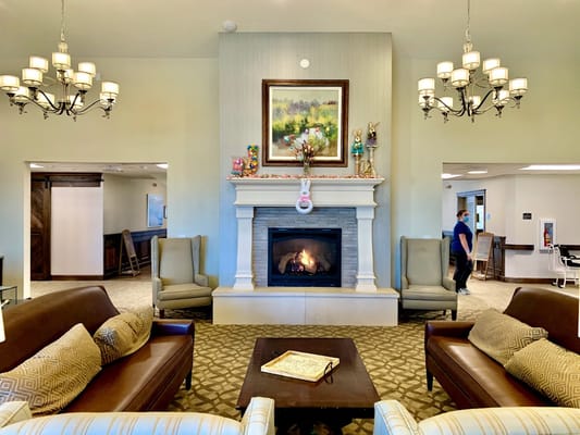 Cozy common area with fireplace and seating