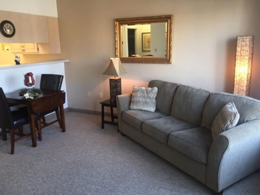 Cozy living room setup in a senior living unit
