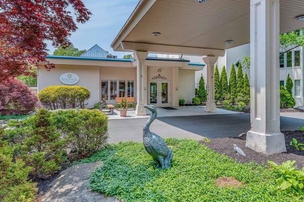 Entrance pathway with landscaping at Solstice Senior Living.
