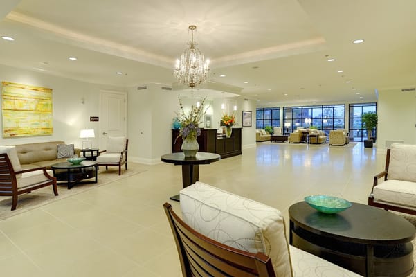 Bright common area with seating and decor