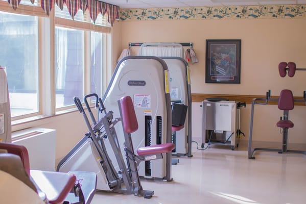 Exercise equipment in a bright gym area