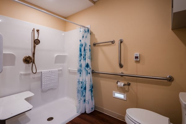 Accessible bathroom with grab bars and floral shower curtain