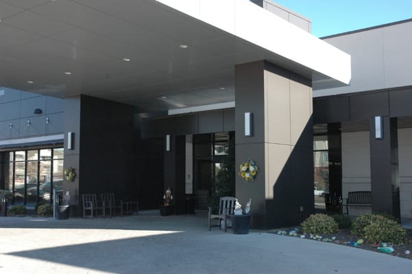 Front entrance of a modern assisted living facility