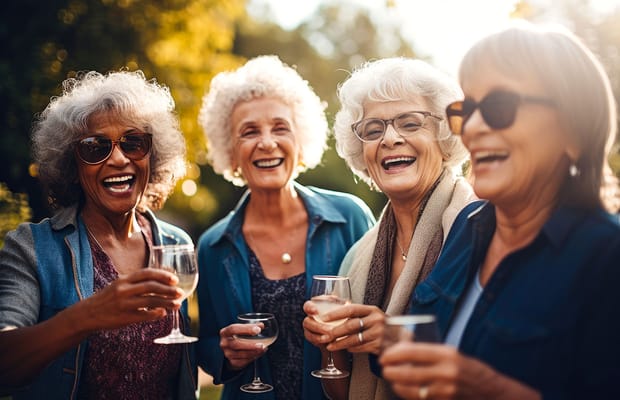 Four happy senior women toasting outdoors