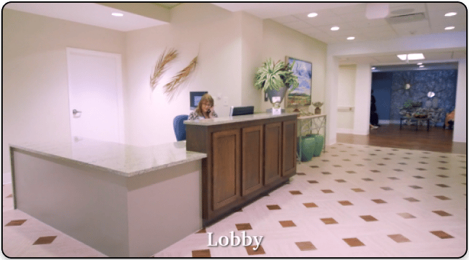 Lobby of the Riverview Health & Rehab Center with staff at reception