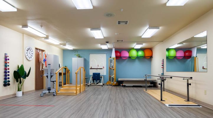 Interior view of a rehabilitation gym with exercise equipment