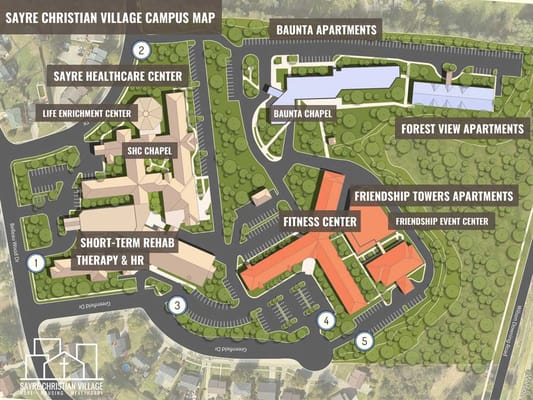 Campus map of Sayre Christian Village showing layout