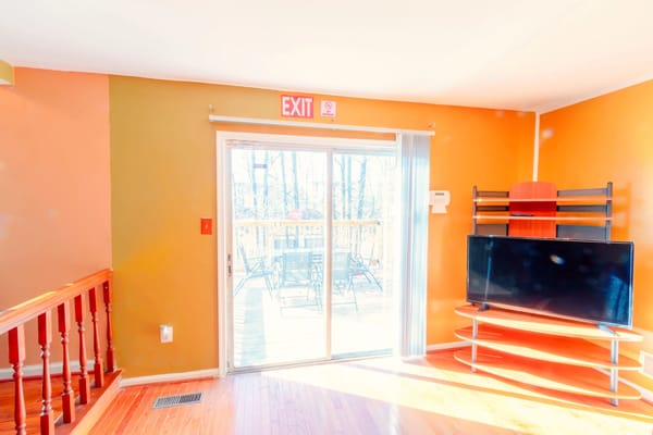 Interior view of a common area with exit door