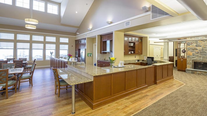 Interior dining area with tables and a counter