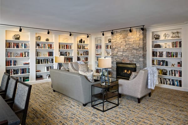 Cozy common area with bookshelves and fireplace