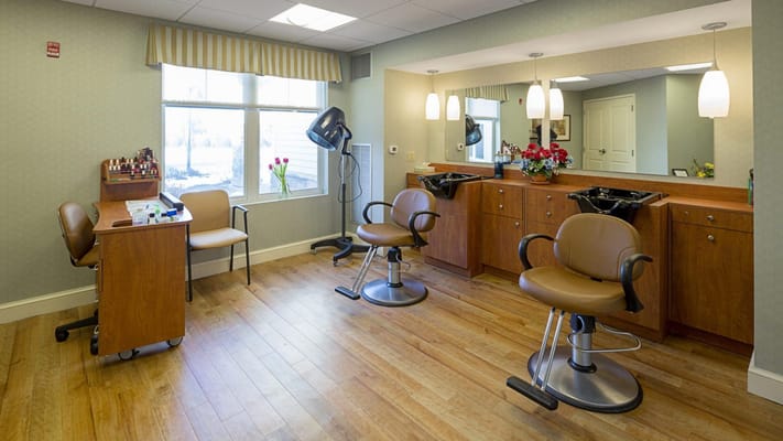 Bright salon area with styling chairs and natural light