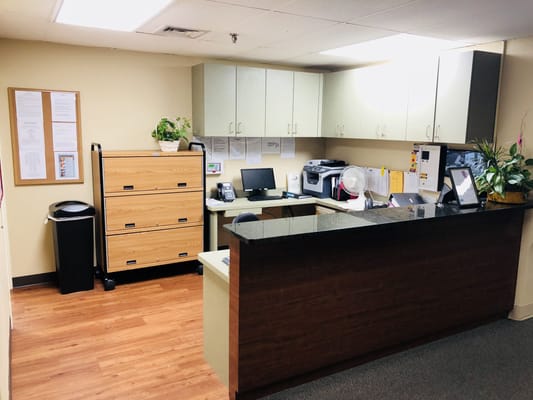 Reception area of a nursing home with office supplies