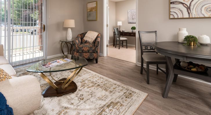 Cozy interior living area with seating and table