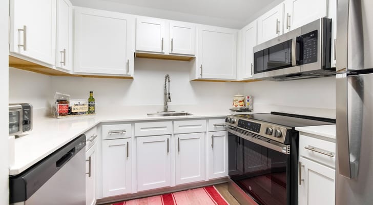Modern kitchen setting with white cabinets and appliances