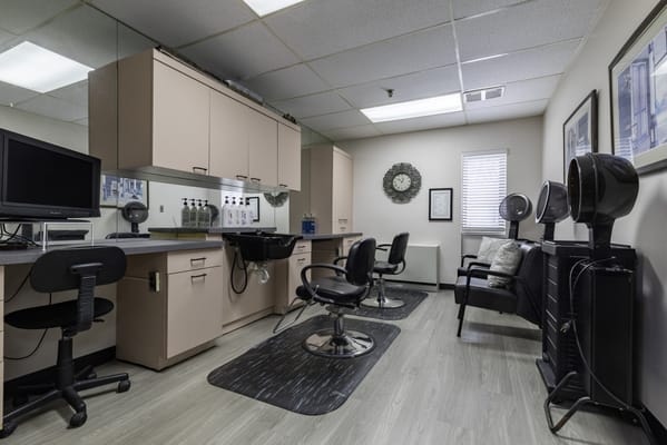 Interior view of a hair salon in the facility
