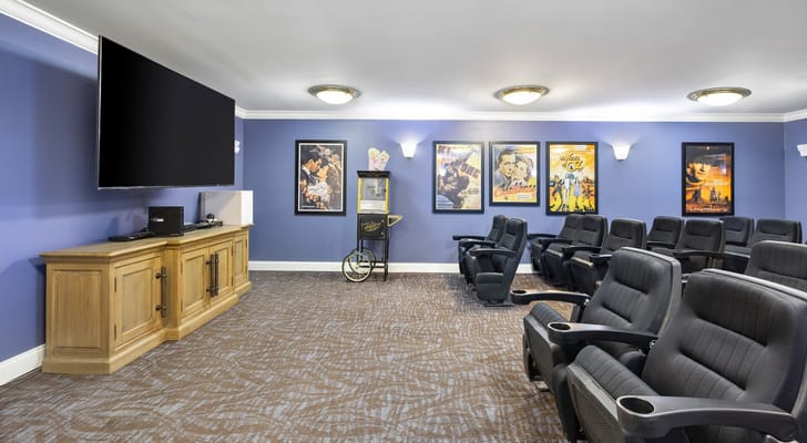 Interior common area with comfortable seating and movie posters