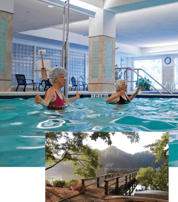 Residents enjoying a pool activity in the facility's indoor pool