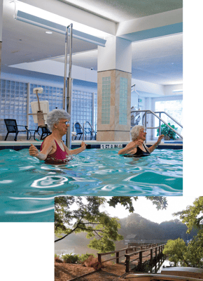 Seniors enjoying an indoor pool with wellness activities