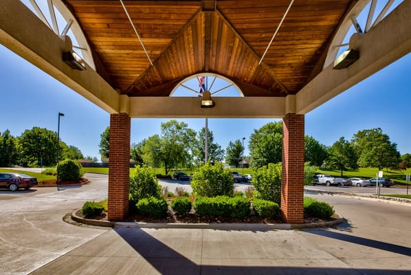View of the entrance awning of a senior living facility