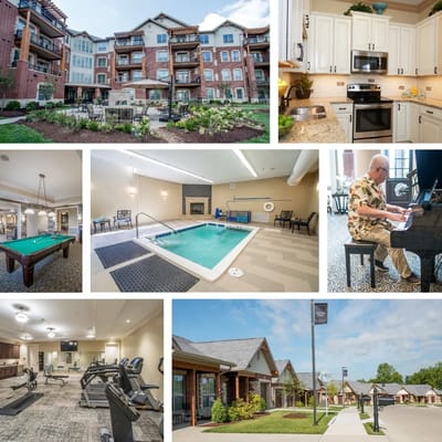 A mix of indoor amenities and outdoor spaces at a senior living facility