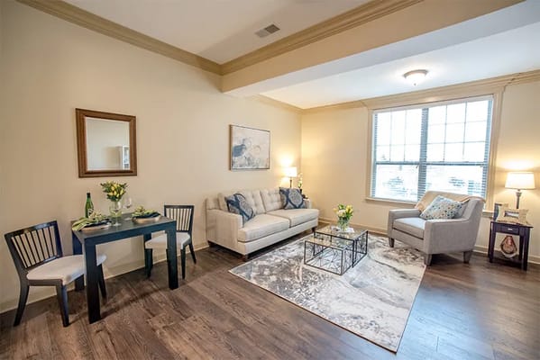 Bright, spacious living room with modern furnishings