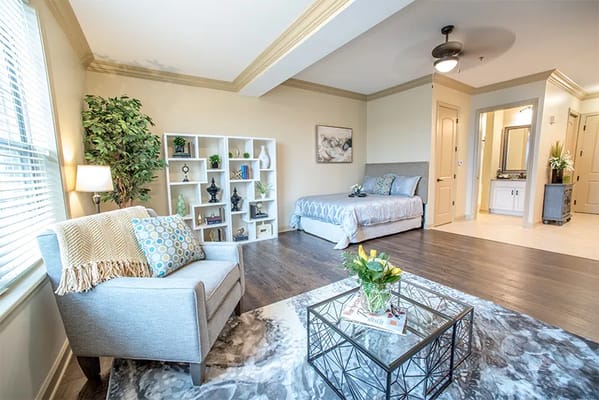 Bright and welcoming bedroom setup in a senior living facility