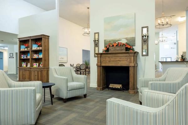 Bright common area with seating and décor