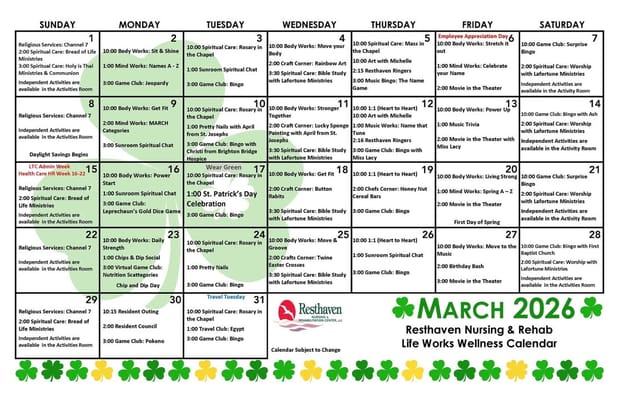 Monthly activity calendar for the facility