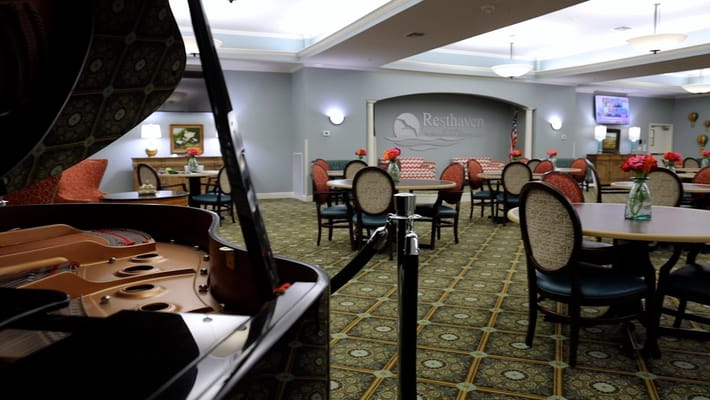 Interior view of the dining area with tables and decor