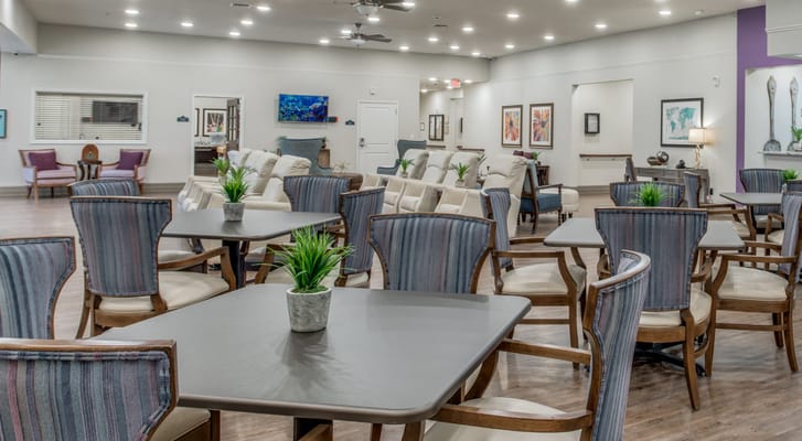 Bright common area with seating and decor