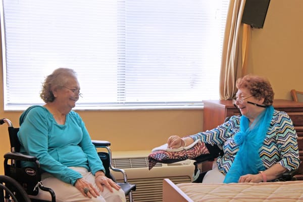 Two elderly women enjoying a conversation in a room