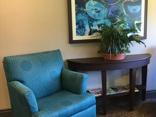 Interior seating area with a blue chair and plant