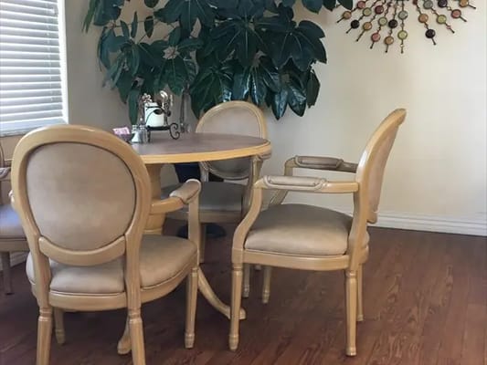 Cozy dining area with wooden furniture and plants