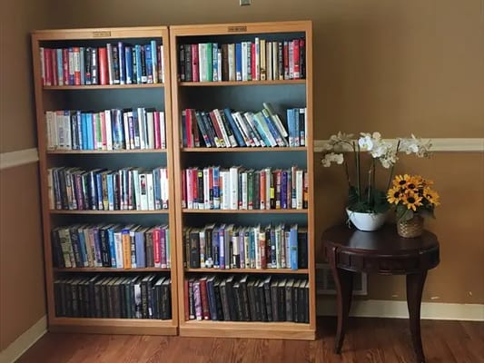 Bookshelves filled with various books in a cozy corner
