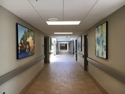 Bright hallway with artwork on the walls