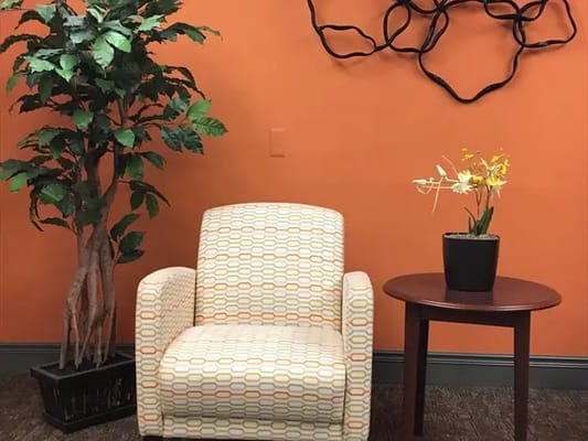 Cozy interior seating area with an orange wall
