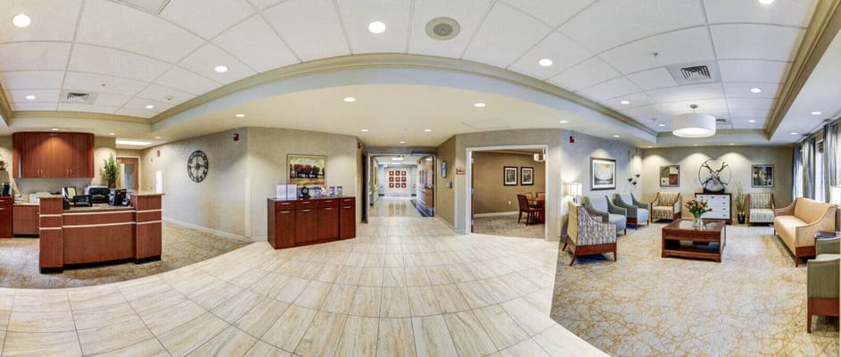 Bright interior view of a common area with seating