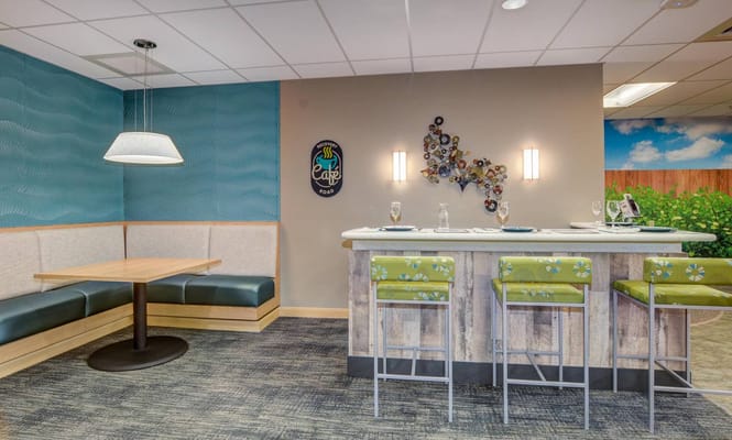 Interior view of a dining area with seating