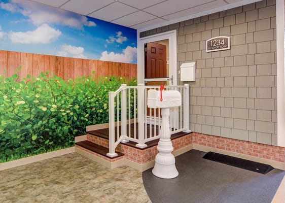 Welcoming entryway with a stylized background