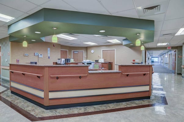 Reception area of a nursing home facility with a service counter
