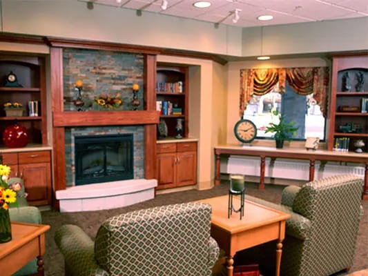 Cozy lounge area with a fireplace and bookshelves