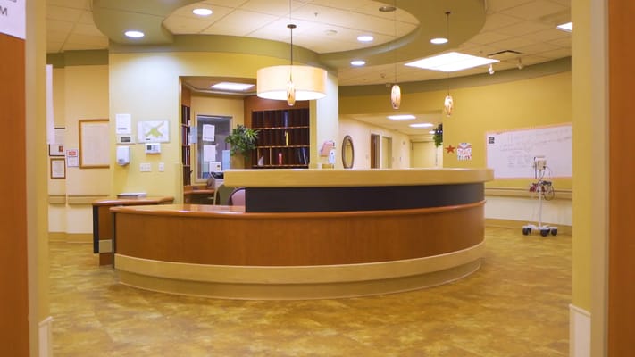 Lobby area with a reception desk and seating