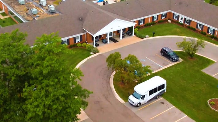 Aerial view of the Medilodge of East Lansing entrance and parking