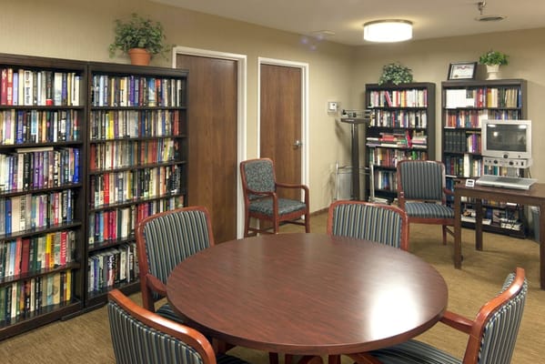 Interior of a cozy library with bookshelves