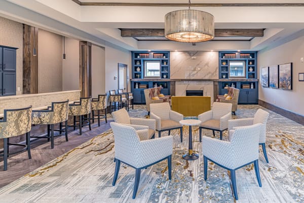 Bright common area with seating and decorations