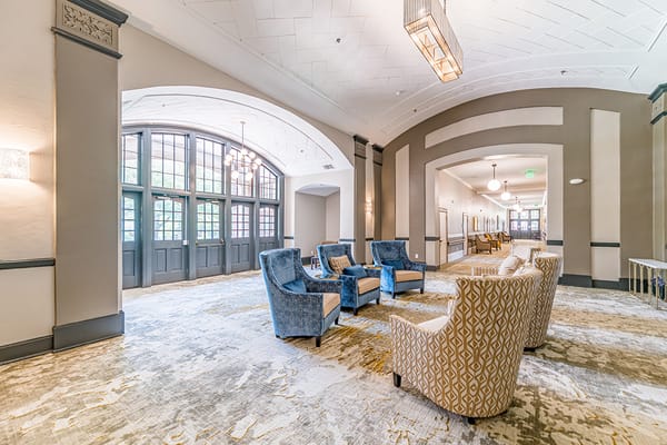 Bright and welcoming common area with seating