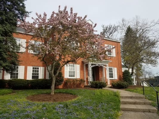 Exterior view of a nursing home facility with blooming trees